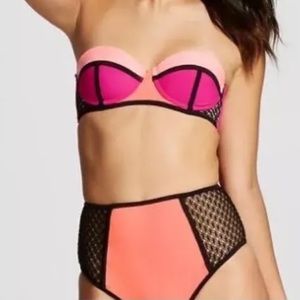 🆕XHILARATION CROCHET HIGH WAIST M STRAPLESS MESH BANDEAU XL NEON BIKINI SET